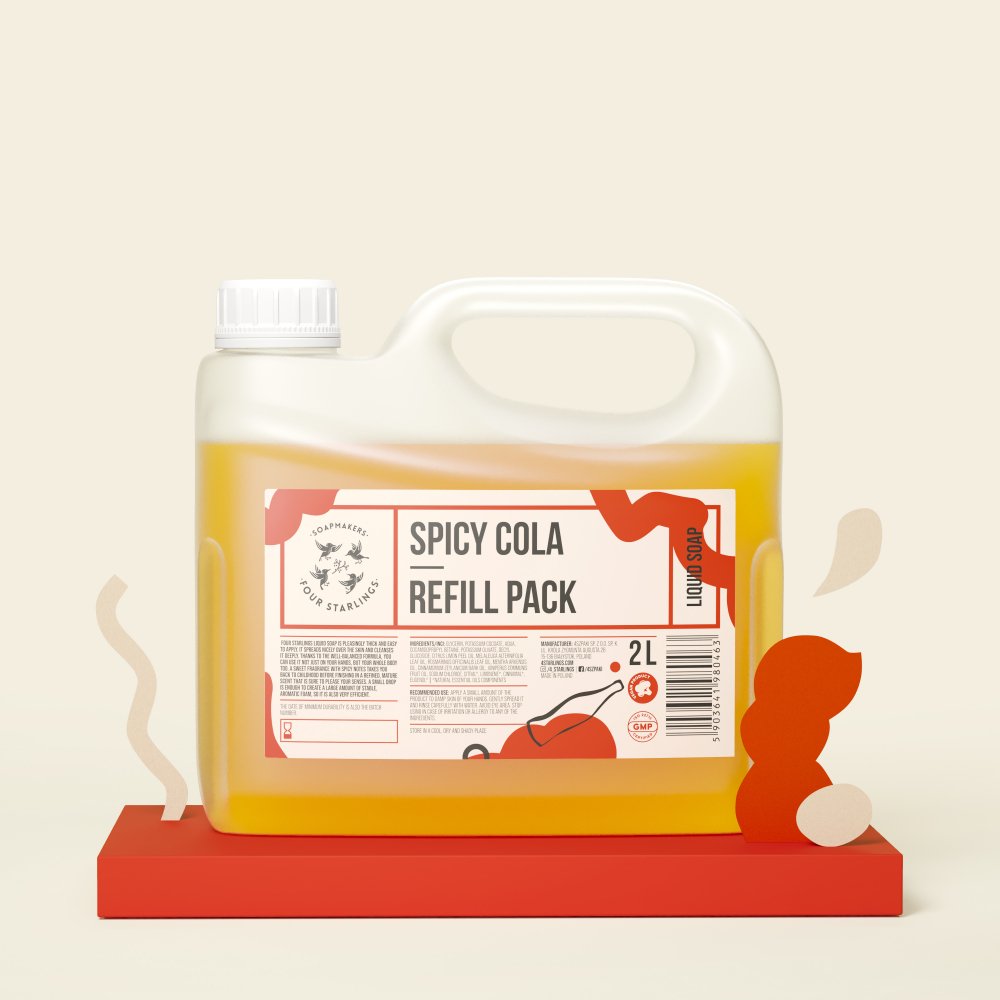 Naturalne mydło w płynie w dwulitrowym opakowaniu typu refill Korzenna Kola, 4 Szpaki