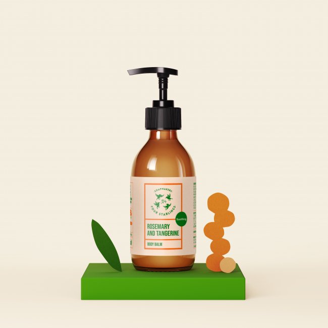 Balsam do ciała Rozmaryn i Mandarynka w szklanej butelce z pompką. 